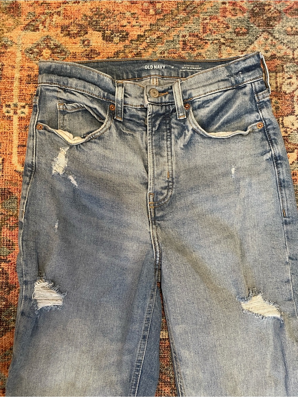 Old Navy Women's Light Blue Distressed Sky-Hi Straight Cut Botton-Fly Jeans - Picture 3 of 11